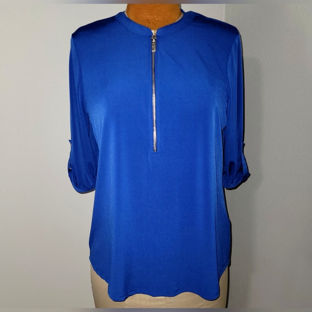 Ellen Tracy Blue Mandarin Collar Blouse with 3/4 Sleeves  Sz L